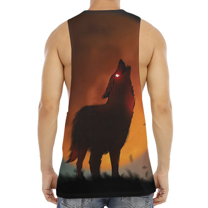 Red Moon Howling Wolf Print Men's Muscle Tank Top