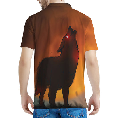 Red Moon Howling Wolf Print Men's Polo Shirt