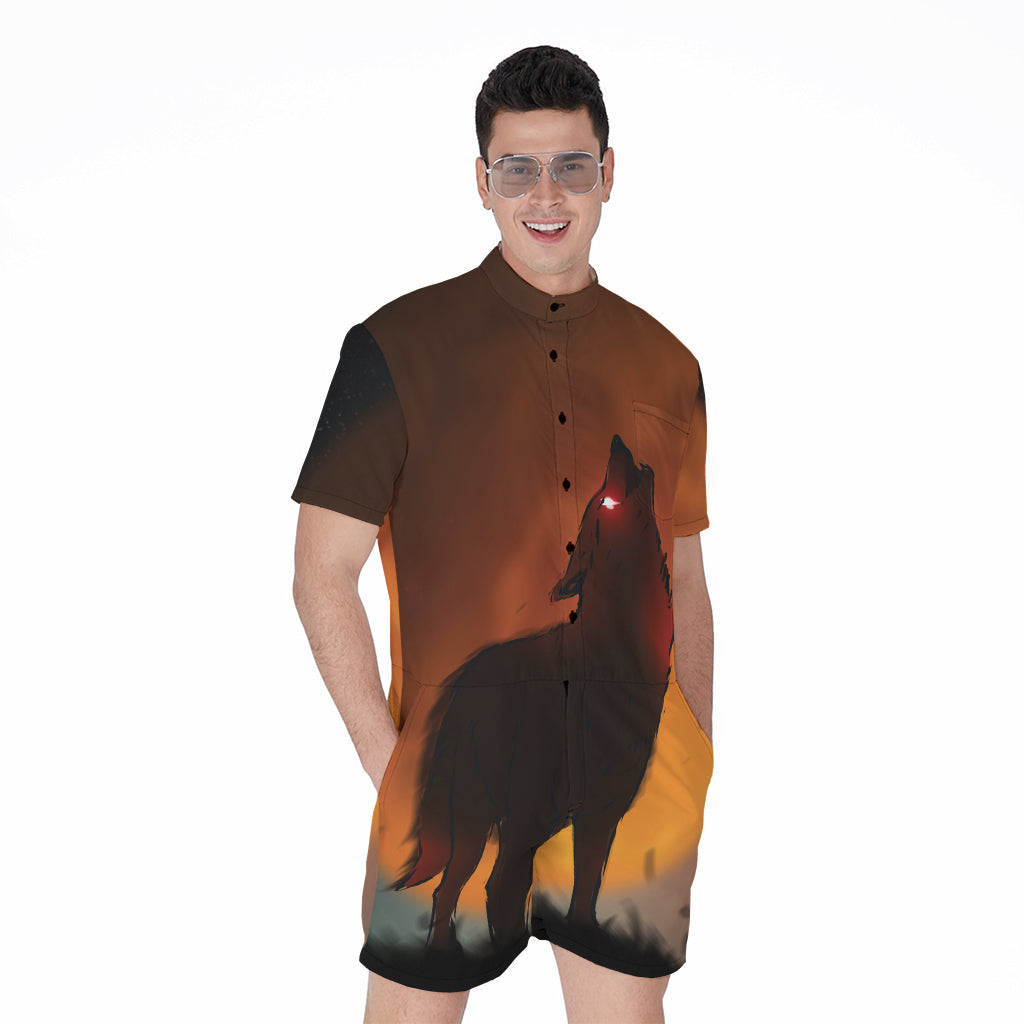 Red Moon Howling Wolf Print Men's Rompers