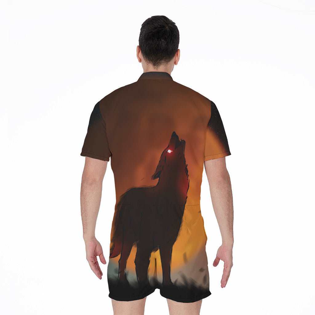 Red Moon Howling Wolf Print Men's Rompers