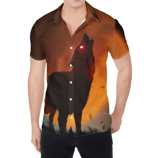 Red Moon Howling Wolf Print Men's Shirt