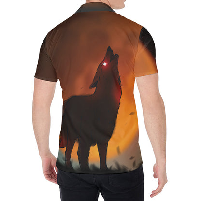 Red Moon Howling Wolf Print Men's Shirt