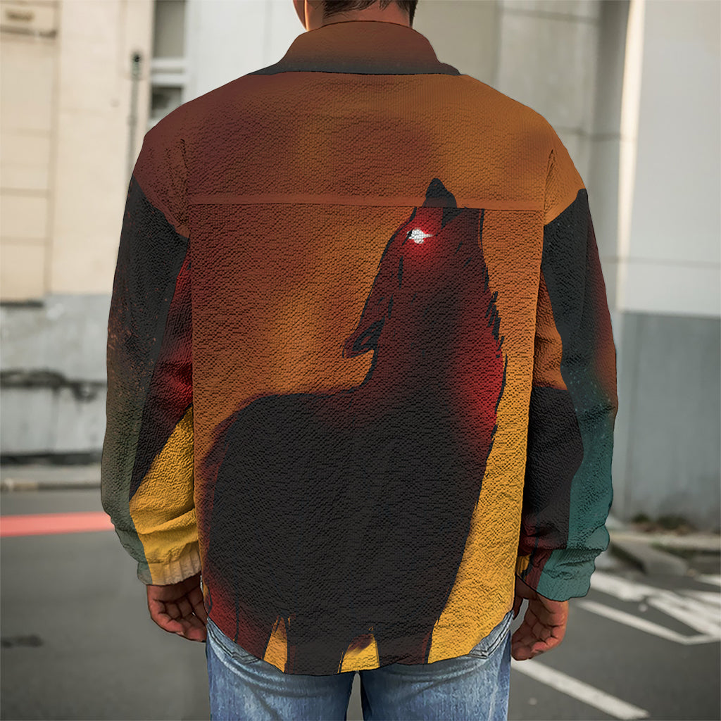Red Moon Howling Wolf Print Men's Shirt Jacket