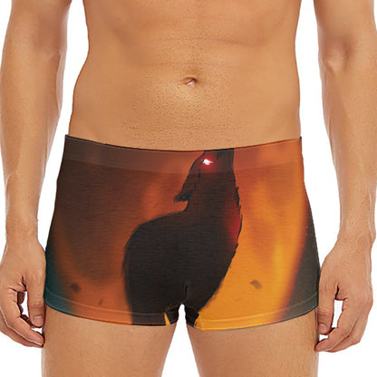 Red Moon Howling Wolf Print Men's Short Boxer Briefs