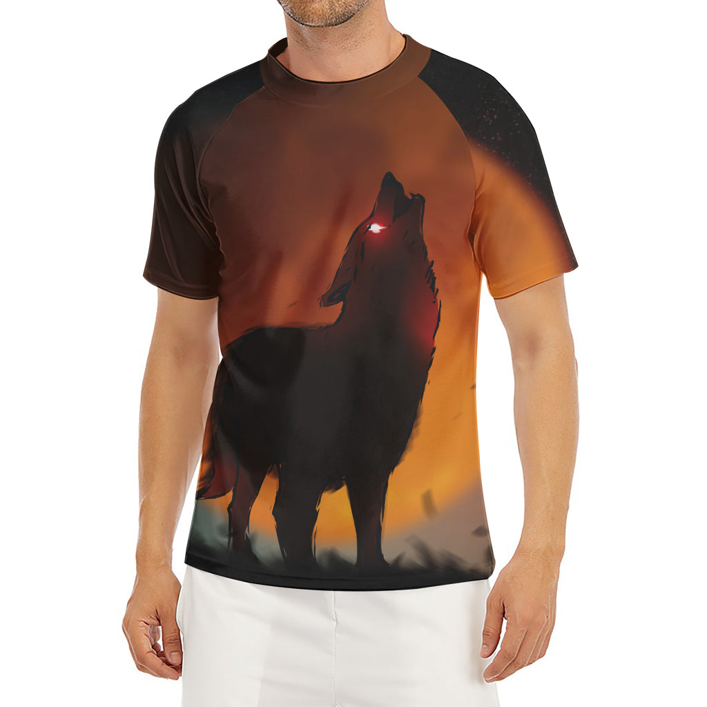 Red Moon Howling Wolf Print Men's Short Sleeve Rash Guard