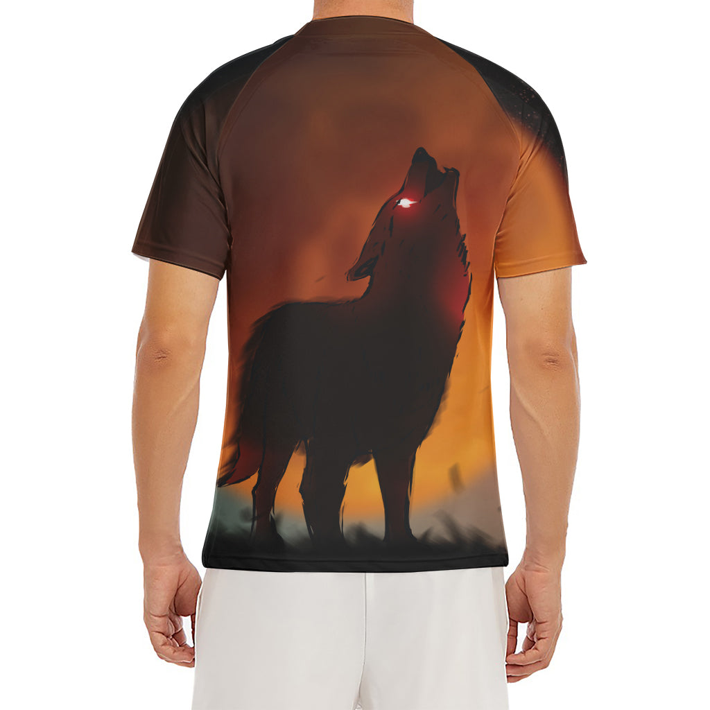 Red Moon Howling Wolf Print Men's Short Sleeve Rash Guard