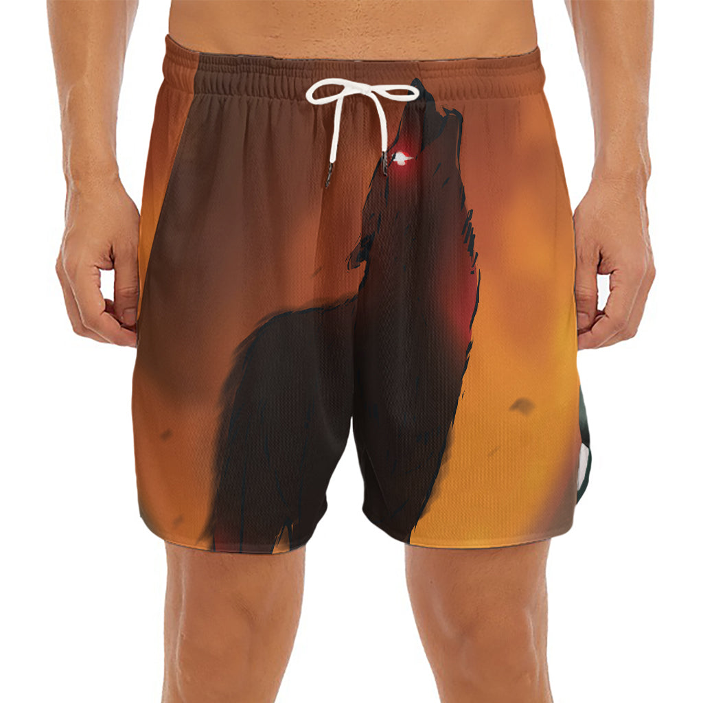 Red Moon Howling Wolf Print Men's Split Running Shorts