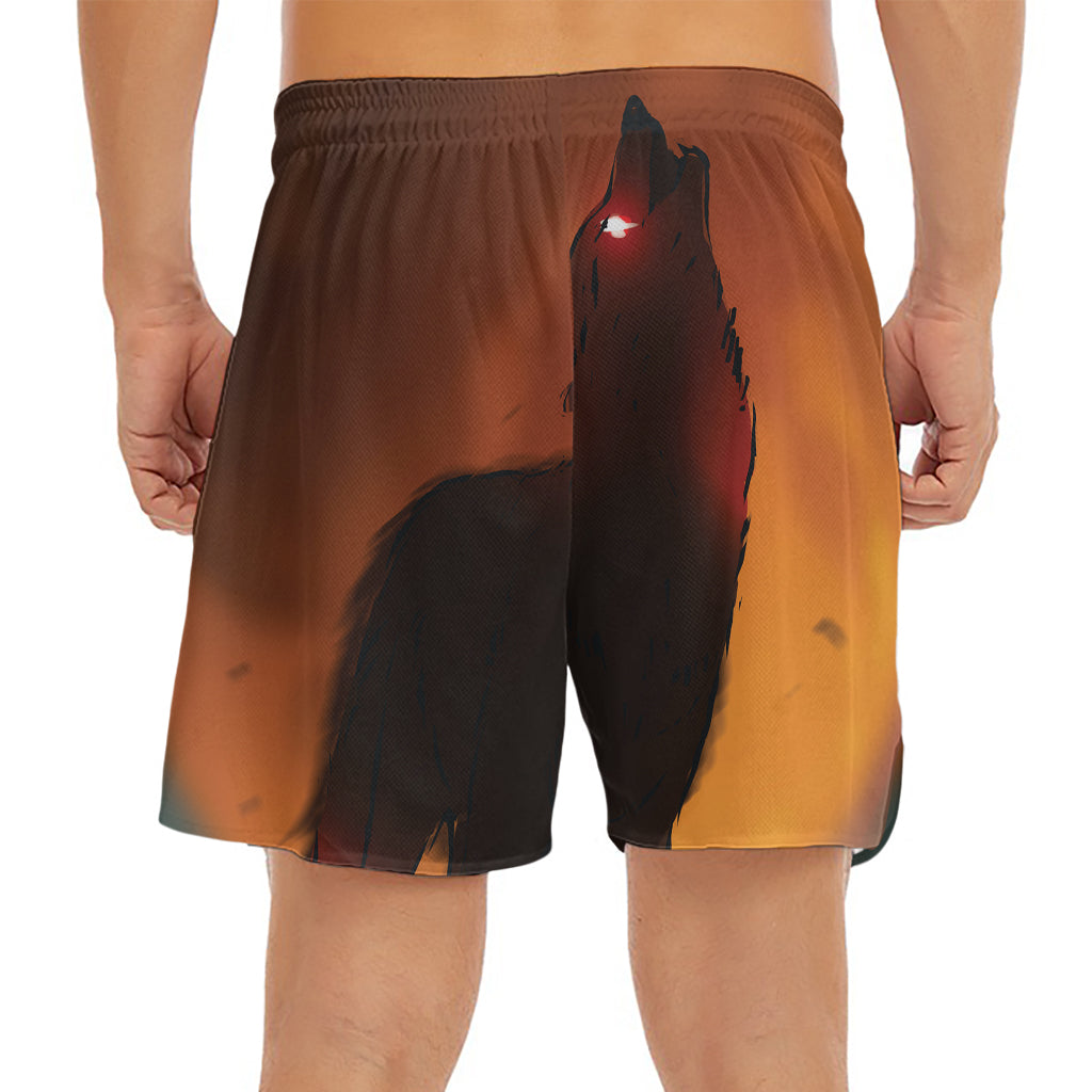 Red Moon Howling Wolf Print Men's Split Running Shorts