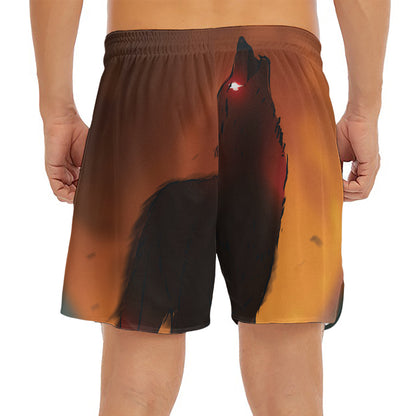 Red Moon Howling Wolf Print Men's Split Running Shorts