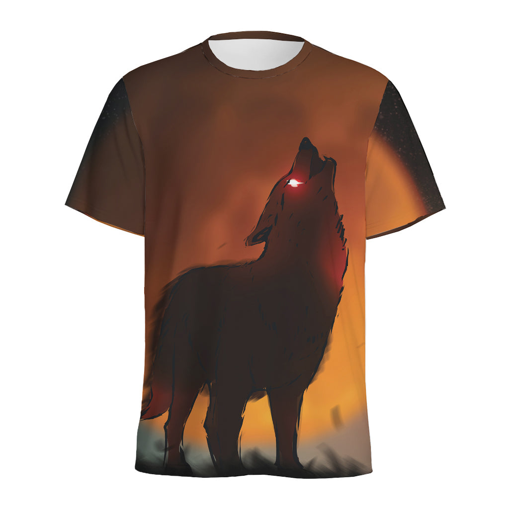 Red Moon Howling Wolf Print Men's Sports T-Shirt