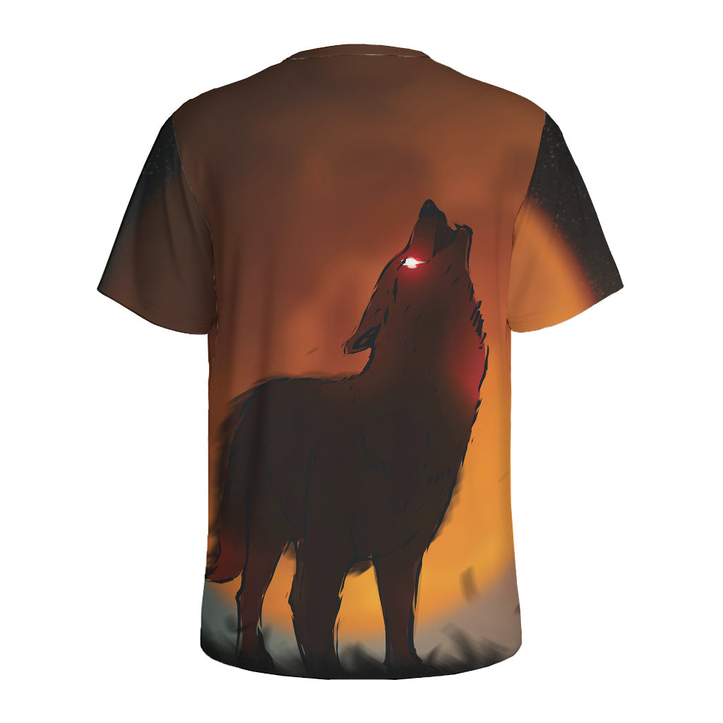Red Moon Howling Wolf Print Men's Sports T-Shirt