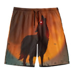 Red Moon Howling Wolf Print Men's Swim Trunks