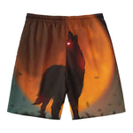 Red Moon Howling Wolf Print Men's Swim Trunks