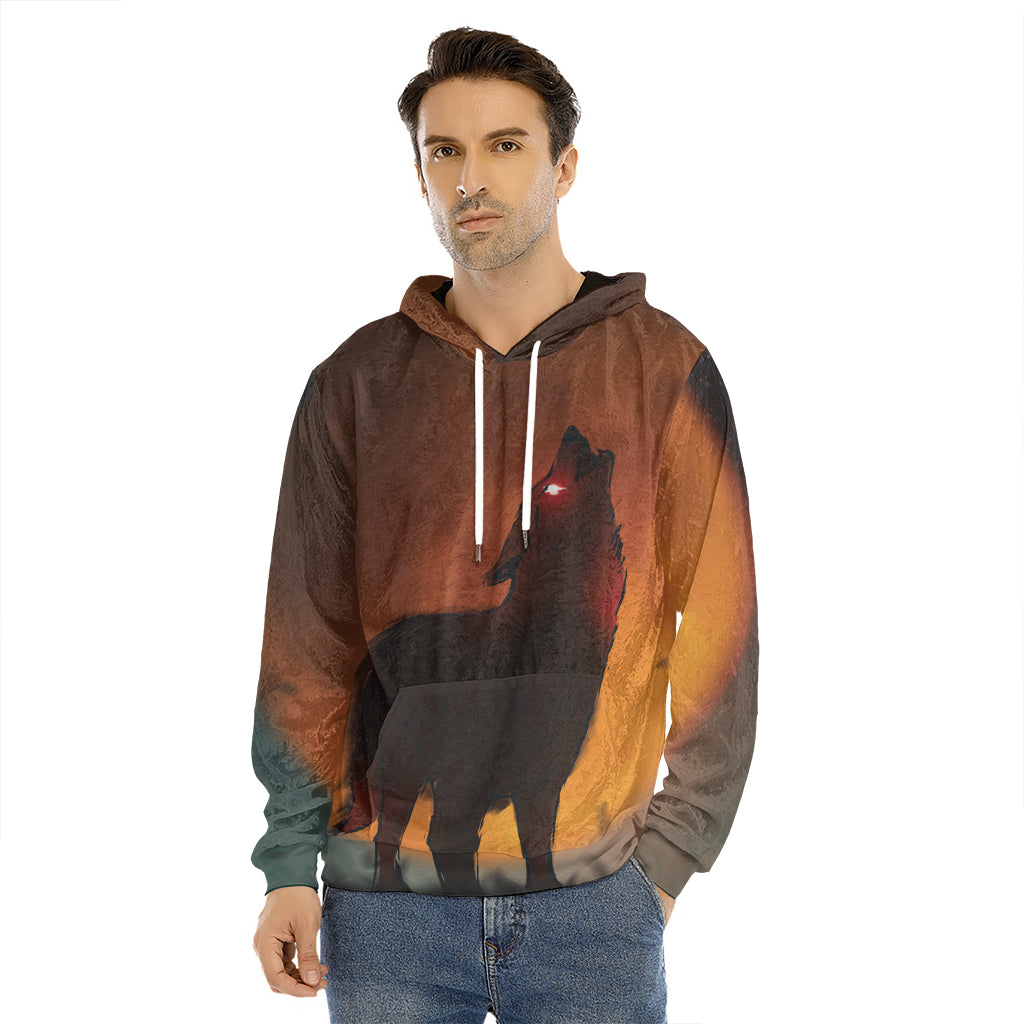 Red Moon Howling Wolf Print Men's Velvet Pullover Hoodie