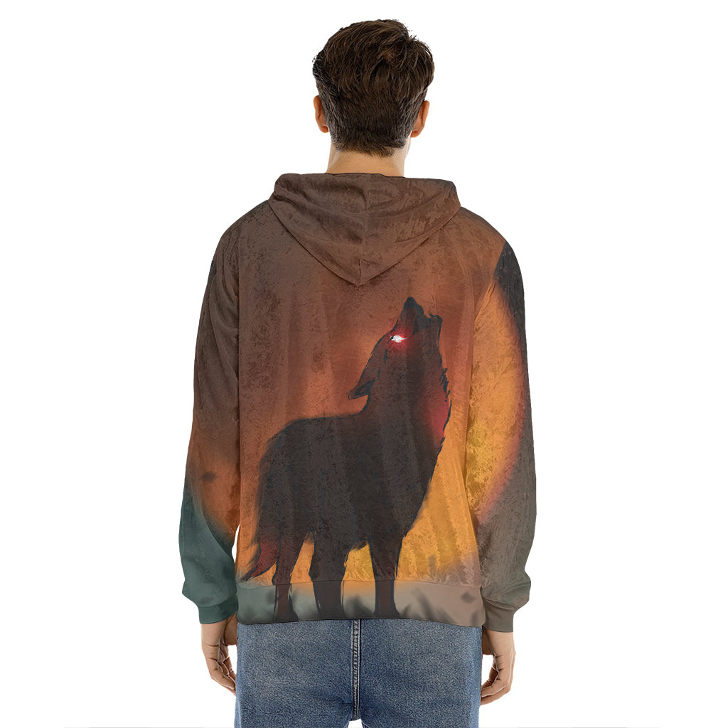 Red Moon Howling Wolf Print Men's Velvet Pullover Hoodie