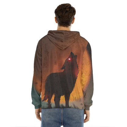 Red Moon Howling Wolf Print Men's Velvet Pullover Hoodie