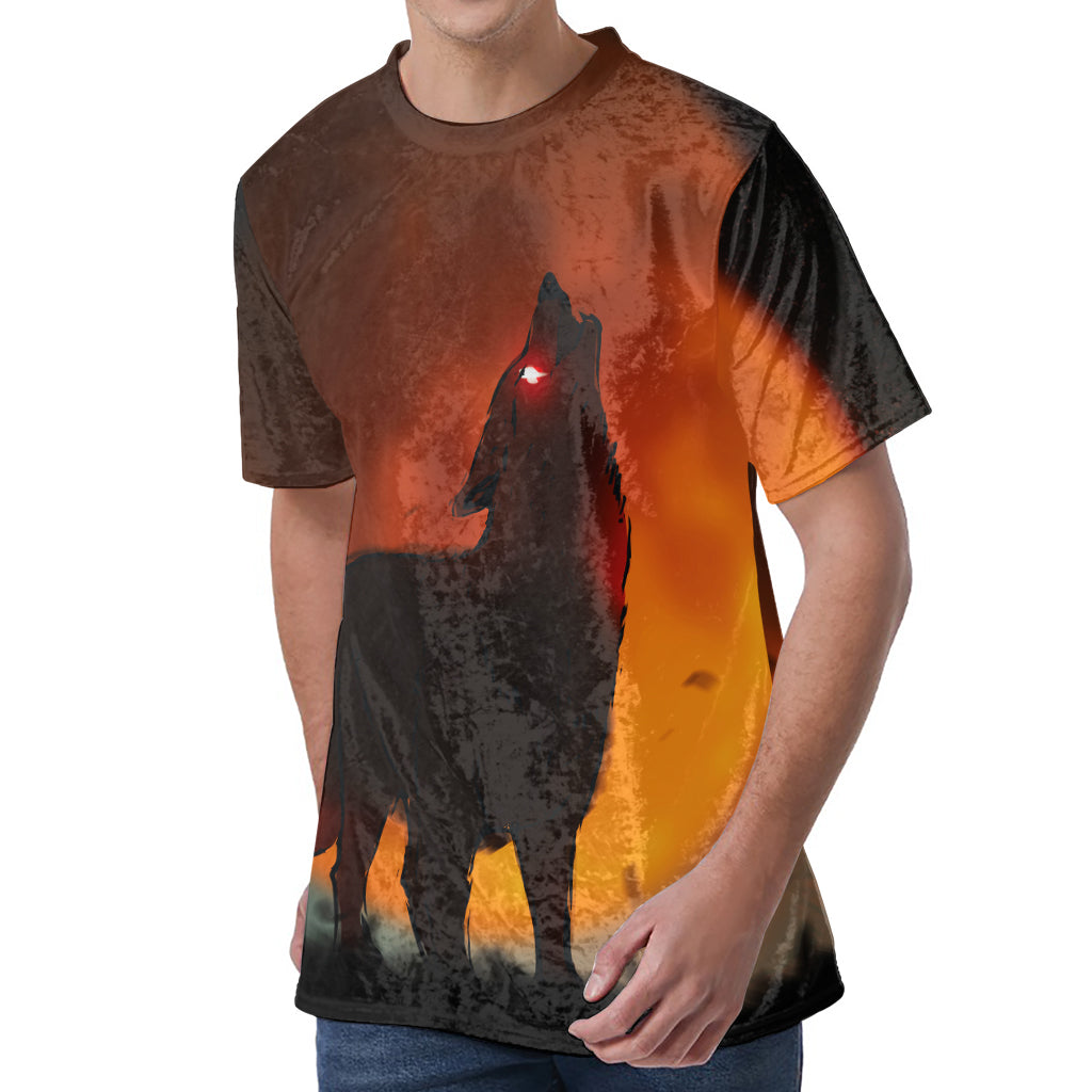 Red Moon Howling Wolf Print Men's Velvet T-Shirt