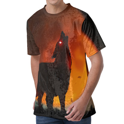Red Moon Howling Wolf Print Men's Velvet T-Shirt