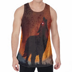 Red Moon Howling Wolf Print Men's Velvet Tank Top