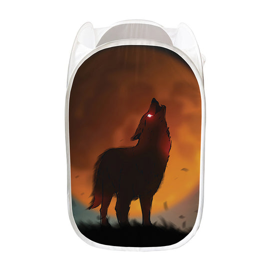 Red Moon Howling Wolf Print Mesh Laundry Hamper