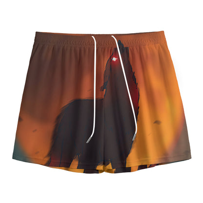 Red Moon Howling Wolf Print Mesh Shorts
