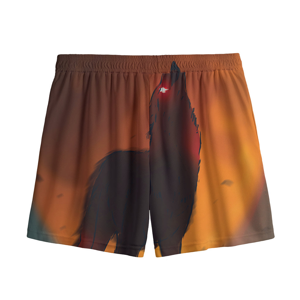 Red Moon Howling Wolf Print Mesh Shorts