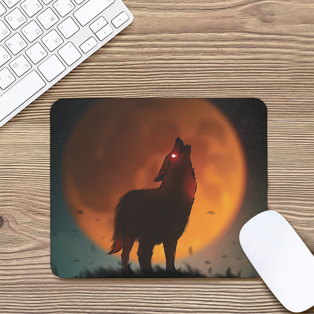 Red Moon Howling Wolf Print Mouse Pad