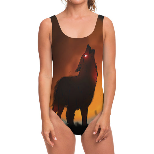 Red Moon Howling Wolf Print One Piece Swimsuit
