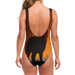 Red Moon Howling Wolf Print One Piece Swimsuit
