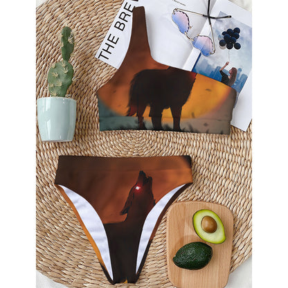 Red Moon Howling Wolf Print One Shoulder Bikini Top