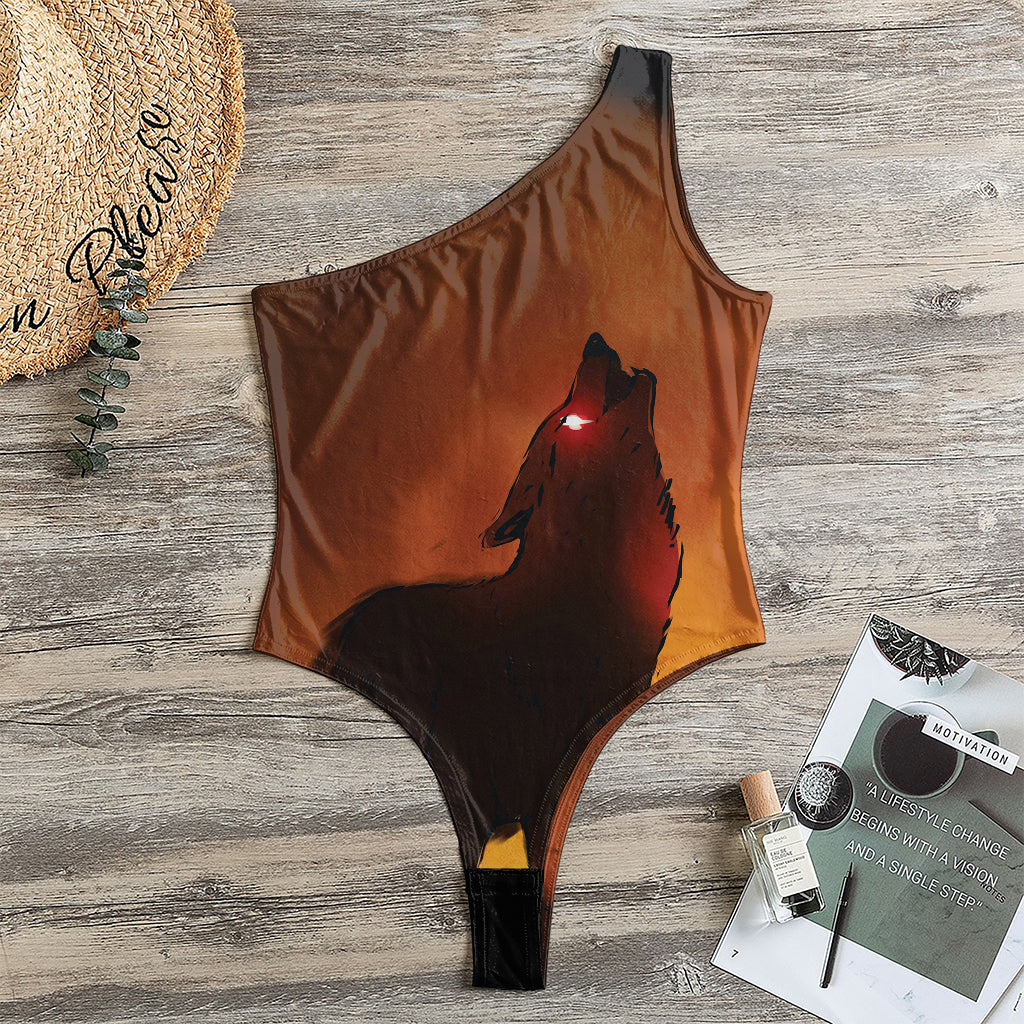 Red Moon Howling Wolf Print One Shoulder Bodysuit