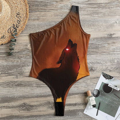 Red Moon Howling Wolf Print One Shoulder Bodysuit