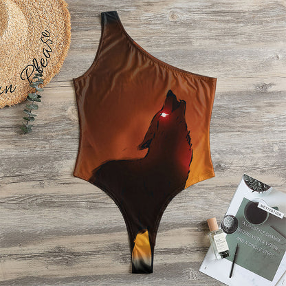 Red Moon Howling Wolf Print One Shoulder Bodysuit