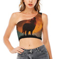 Red Moon Howling Wolf Print One Shoulder Crop Top