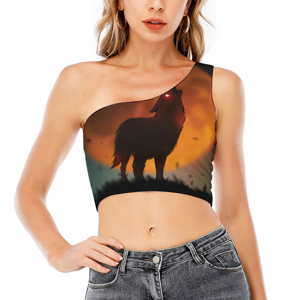 Red Moon Howling Wolf Print One Shoulder Crop Top