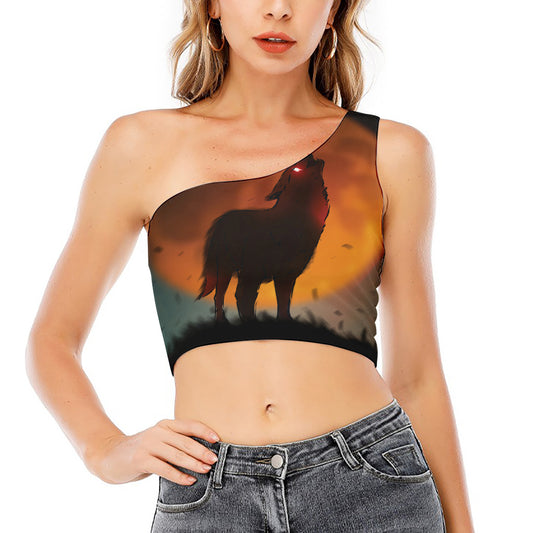 Red Moon Howling Wolf Print One Shoulder Crop Top