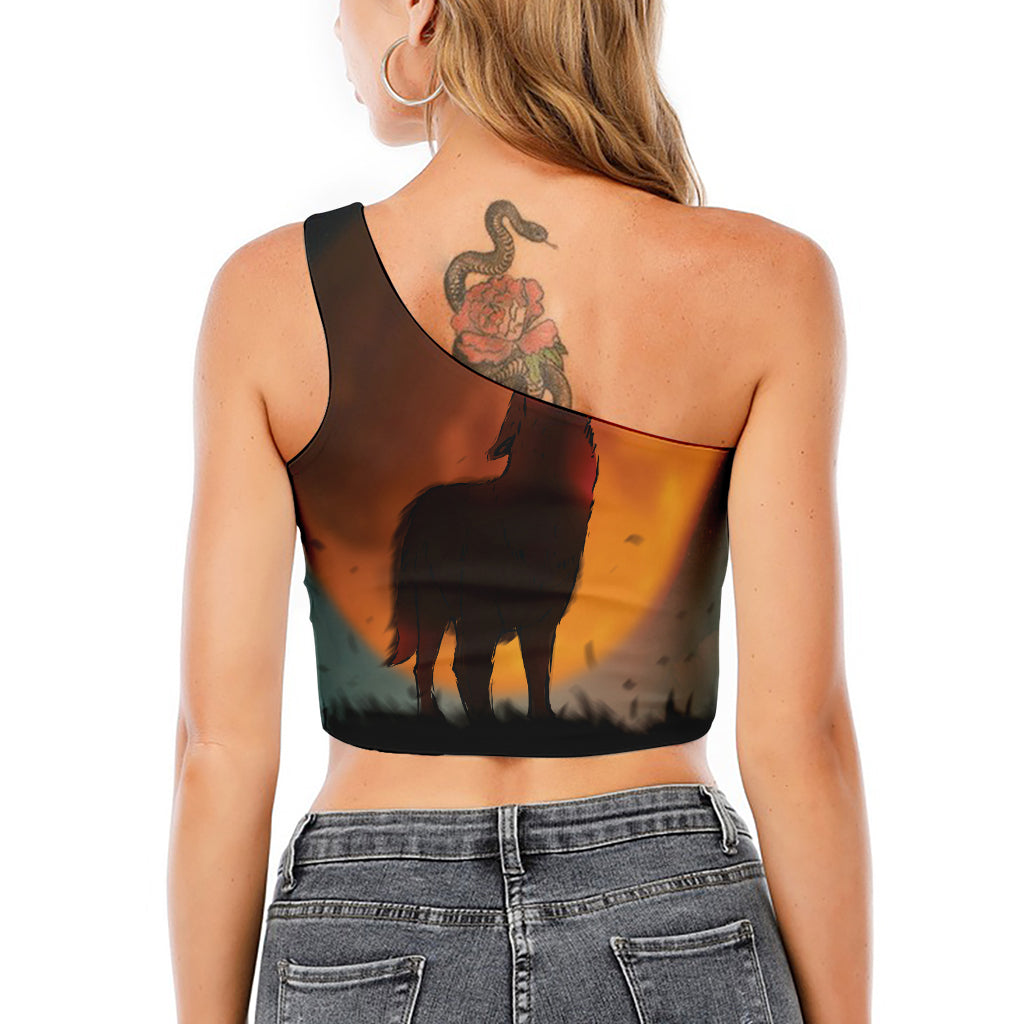 Red Moon Howling Wolf Print One Shoulder Crop Top