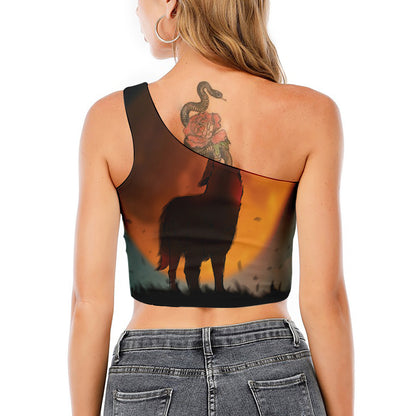 Red Moon Howling Wolf Print One Shoulder Crop Top