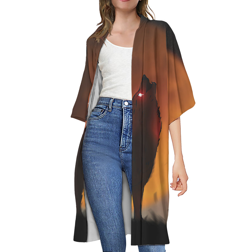 Red Moon Howling Wolf Print Open Front Beach Cover Up