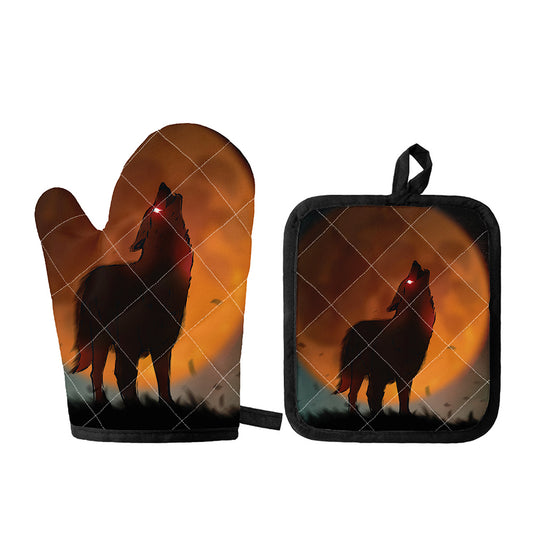 Red Moon Howling Wolf Print Oven Mitt And Pot Holder Set