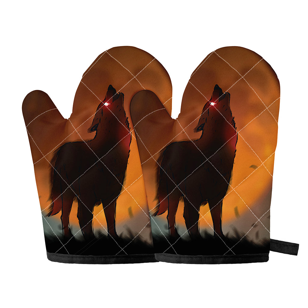 Red Moon Howling Wolf Print Oven Mitts