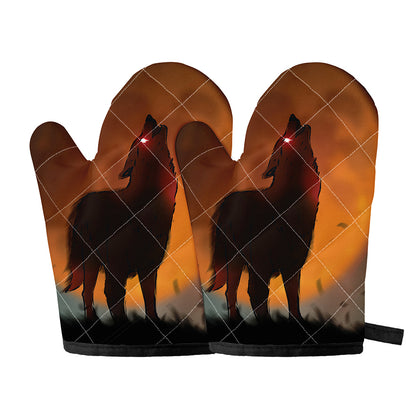 Red Moon Howling Wolf Print Oven Mitts