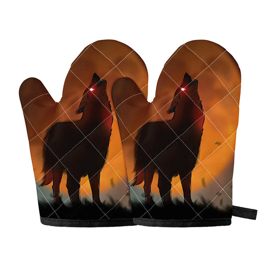 Red Moon Howling Wolf Print Oven Mitts