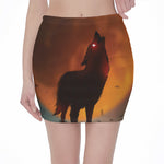 Red Moon Howling Wolf Print Pencil Mini Skirt