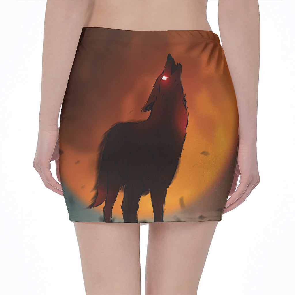 Red Moon Howling Wolf Print Pencil Mini Skirt