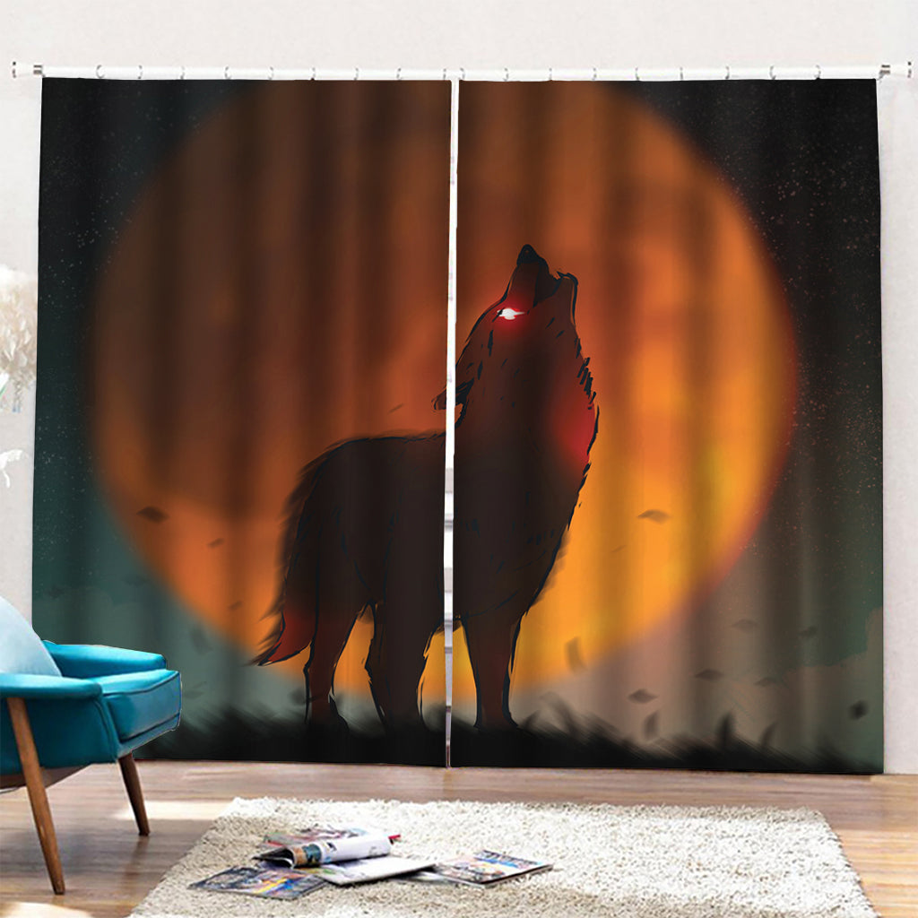 Red Moon Howling Wolf Print Pencil Pleat Curtains