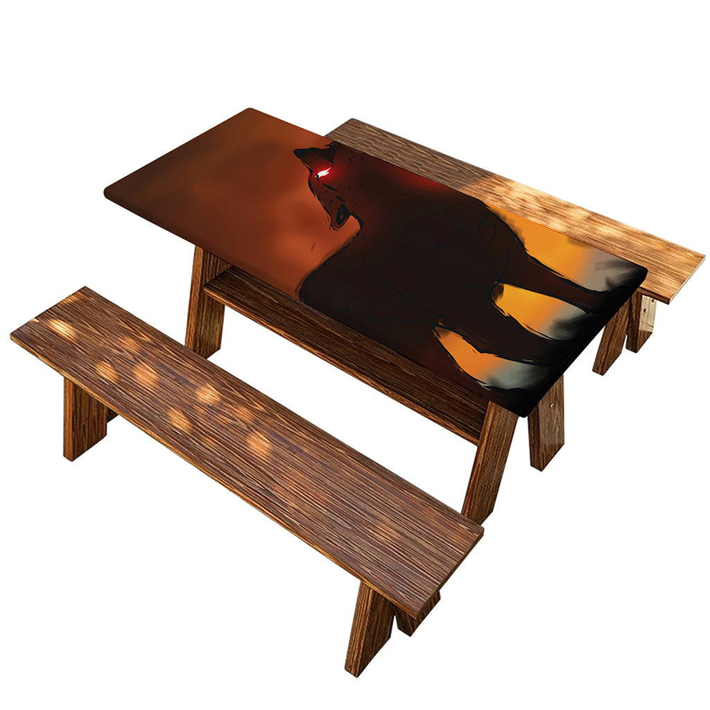 Red Moon Howling Wolf Print Picnic Table Cover