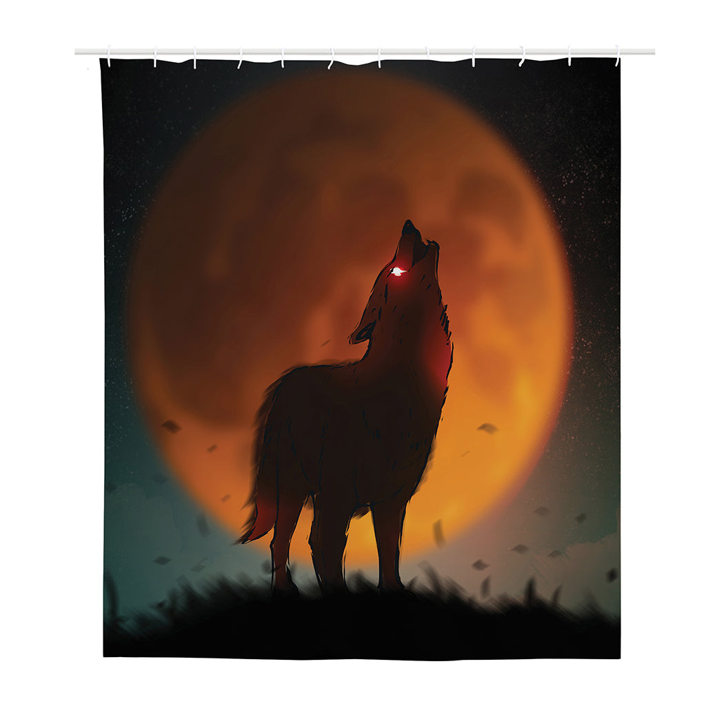 Red Moon Howling Wolf Print Polyester Shower Curtain