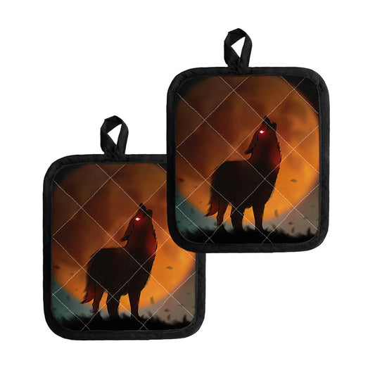 Red Moon Howling Wolf Print Pot Holders