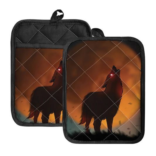 Red Moon Howling Wolf Print Pot Holders With Pocket